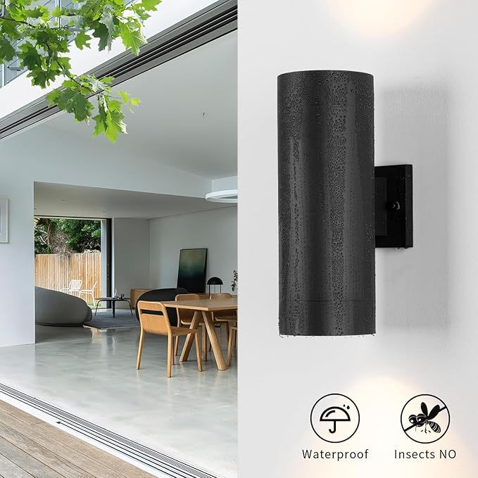 mirrea 14" Modern Outdoor Porch Light in 2 Lights, Matte Black, 2 Pack | Aluminum cylinder exterior fixtures, tempered glass cover, waterproof wall sconce & patio light for outdoor use.