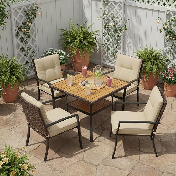Tangkula 37" Square Wood Patio Dining Table for 4, Metal Frame Outdoor Wicker Table with Acacia Wood Tabletop, 2" Umbrella Hole, Bottom Shelf, Outside Table for Backyard, Garden, Deck, Poolside