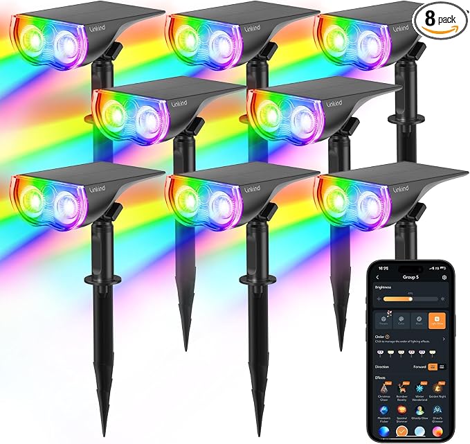 Linkind Smart Solar Spot Lights Outdoor SL5C, IP67 Solar Lights Outdoor | Cool/Warm White/Color Changing Spotlight, APP/Voice Control,Landscape Lighting for Yard, Garden, Pathway(8 Pack)