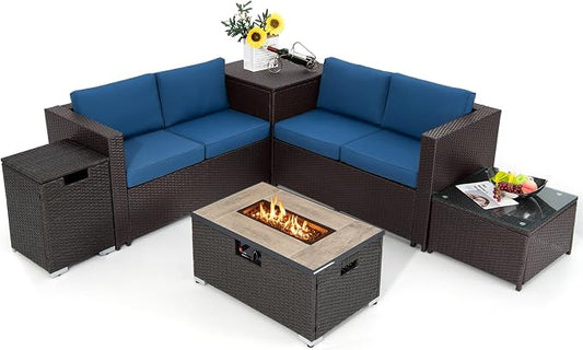 Tangkula 6 Pieces Patio Wicker Furniture Set with 32 Inches Propane Fire Pit Table and Tank Holder, Outdoor Conversation Set with Storage Box and Coffee Table, 2 Waterproof Covers Included (Navy)