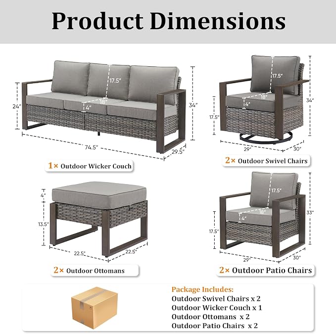 7-Piece Outdoor Patio Furniture Set with Swivel Chairs & Rattan Chairs, All-Weather Wicker Sofa Set for Garden, Yard, Porch and Poolside Seating, Grey/Grey