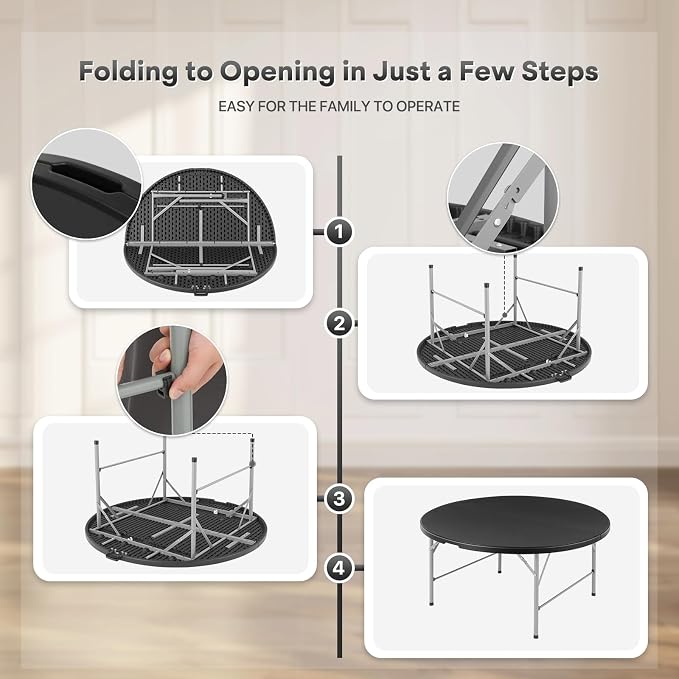 Athena Collection 5ft Folding Table, Portable Plastic Round Table Foldable Card Table, Indoor Outdoor Collapsible Craft Desk Dining Table with Lock & Handle for Commercial Event Party Camping, Black