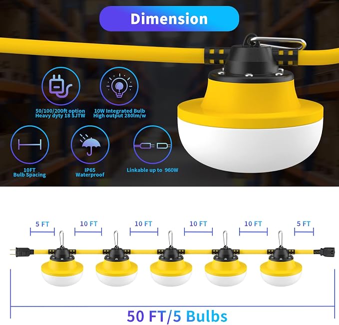 New Upgrade 50FT Construction String Lights LED Industrial Grade | Best for Construction Sites,Renovation, Walkways,Patio,Mine cave,Outdoor Lighting Solutions Use,Free for Climbing Hook 2Prong
