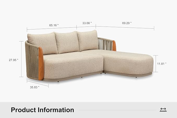 PURPLE LEAF Patio Furniture Set, 2-Piece L-Shaped Patio Conversation Sets with Chaise Lounge, Genuine Teak, Olefin Fabric & 9" Thick Backrest - Luxury Outdoor Sectional Sofa