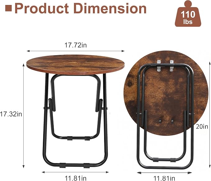 VECELO 17.7" Small Folding Table Set of 2,Round Patio Outdoor Side Table, Foldable Wooden Table with Weather Resistant Steel Frame, Patio Table for Camping Picnic Garden Small Space