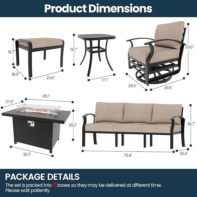 Aluminum Outdoor Patio Furniture Set,5 Seats Patio Conversation Sets with 45" Propane Fire Pit Table 2 Ottomans,Metal Furniture Set with 2 Swivel Rocking Chairs,Sand