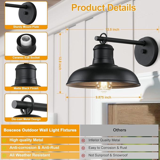 Outdoor Wall Lights Waterproof, 4-Pack Black Sconces, Farmhouse Barn Lights | Modern Indoor Wall Mount Lighting Fixtures with E26 Socket, Anti-Rust Exterior Lantern for Patio Porch Doorway Garage