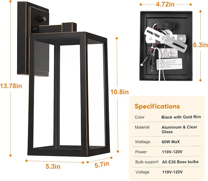 Black Exterior Light Fixtures Wall Mount with Gold Rim, Dusk to Dawn Outdoor Porch Lights Lamp, Sensor Wall Sconce, Waterproof Outdoor Lantern for House Doorway, Garage 2 Pack