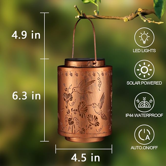 Solar Lanterns Outdoor Waterproof Garden Decor Gifts for Women Mon | Metal Hanging Solar Lights Decoration for Outside LED Lanterns for Yard Patio Lawn Pathway（Hummingbirds）
