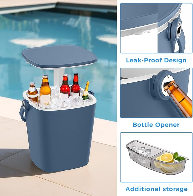 ROJIK 3-in-1 Resin Ice Bucket & Beverage Cooler – Wood Look Patio Table, UV Protection & Drain Plug for Outdoor Parties, Bars, and Poolside Use