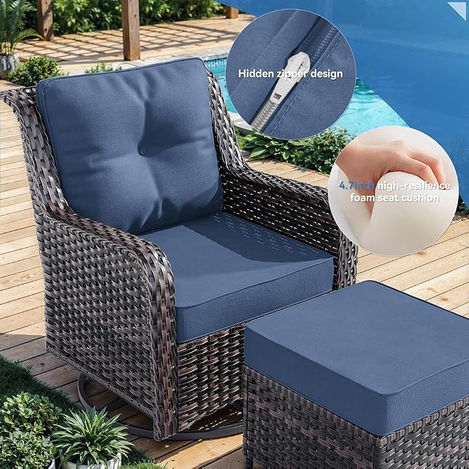 Kurapika 7-Piece Patio Furniture Set, Wicker Thick-Backed Outdoor Swivel Rocking Chair, Includes Coffee Table and Thick Cushions, Conversation Set for Porch,Patio, Navy Blue
