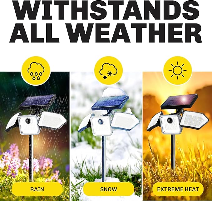 Bionic Flood Light 4 Pk Solar Lights Outdoor Waterproof, Ultra Bright 89 LEDs, 3 Heads Wide Angle Motion Sensor Outdoor Lights for Security, Wall, House, Spot Light, IP65 Waterproof – Stakes Included