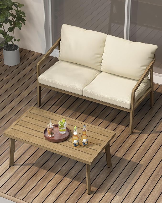Patio Coffee Table, Never-Rust Aluminum Outdoor Coffee Table with Wood Grain Texture, Modern Rectangle Garden Coffee Table with Slatted Tabletop for Porch, Decks, Indoor, Balcony, Teak
