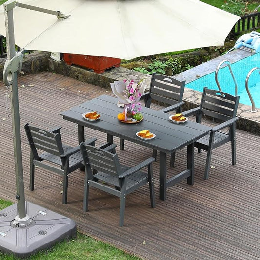 5-Pcs Outdoor Patio Dining Table Set of 4, Outdoor Patio Rectangular 66.9'' Dining Table and Armchair for Garden Backyards Pool Side, Waterproof HDPE Material & 1.95'' Umbrella Hole, Gray