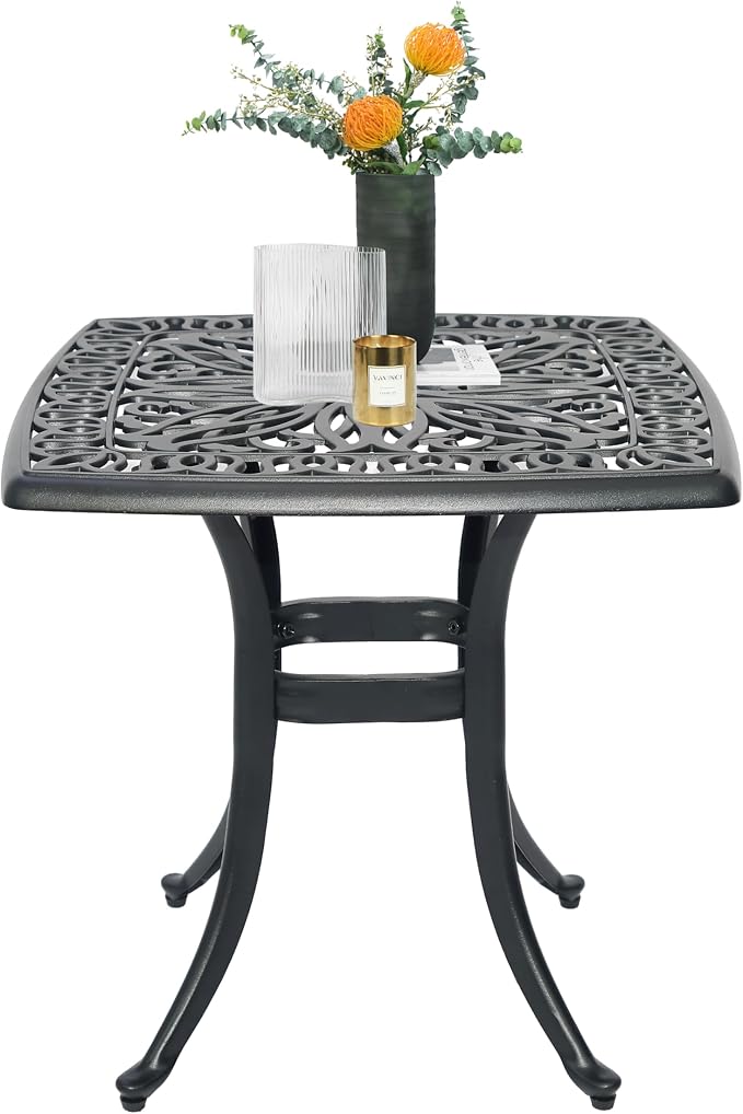 Cast Aluminum Bistro Table, Small Outdoor End Table, Rustproof Weather Resistant Patio Coffee Table, 21Inch Side Table for Indoor Garden Porch Balcony Backyard,Black