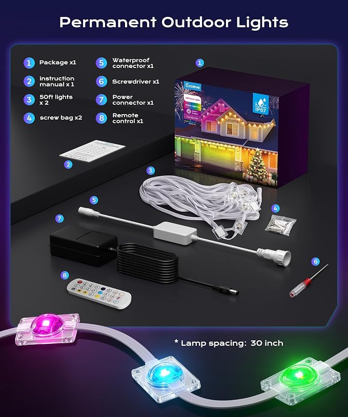 Permanent Outdoor Lights for House, 100ft Christmas RGB+IC Lights | 16 Million Colors & 50 Scene Modes, App/Remote Control, DIY Music Sync, Holiday Party Halloween Decor