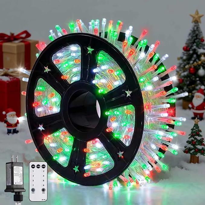 JMEXSUSS 600 LED Christmas String Lights Outdoor, Red White and Green | Christmas Tree Lights Clear Wire, Halloween Lights Plug in for Outside Tree Xmas Decorations, Remote with Timer, 8 Modes