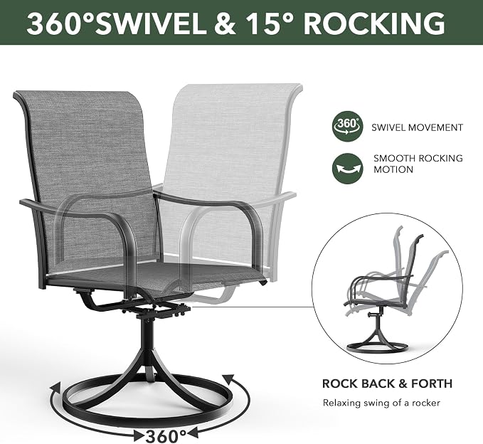 7 Piece Outdoor Dining Set 6 Swivel Chair and 63" Rectangle Table Grey Sty2 | 6 Piece Swivel Chairs: High Back, Curved Armrest, Textilene Fabric, Rocking; 63"x38"x28" Metal Rectangle Table, All Weather