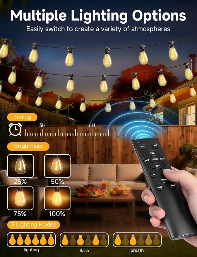 Likesky 130FT LED Outdoor String Lights with Remote Waterproof Patio Lights with Shatterproof S11 Bulbs, Dimmable Outside Hanging Light Connectable for Porch Backyard Yard Garden Decor 2700K