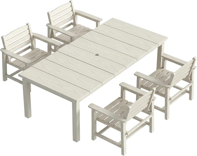 Kingdura 5 Piece Patio Dining Set for 4, 75.2'' HDPE Outdoor Dining Table Set with 2" Umbrella Hole, Weather-Resistant Outdoor Furniture, Table and Chairs Set for Backyard Pool Garden, White