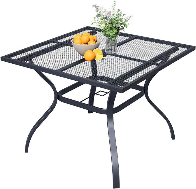 37.6'' Outdoor Patio Dining Table with Adjustable Umbrella Hole, Mesh Tabletop Square Table, Heavy Duty 400lbs Capacity, for Deck, Balcony, Bistro, Black