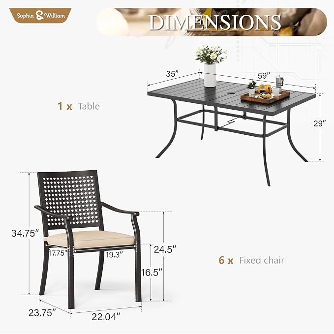 Sophia & William Patio Table and Chairs Set, Outdoor Dining Set for 6, 7 Piece Metal Patio Furniture, 60" Black Rectangular Table(Beehive)