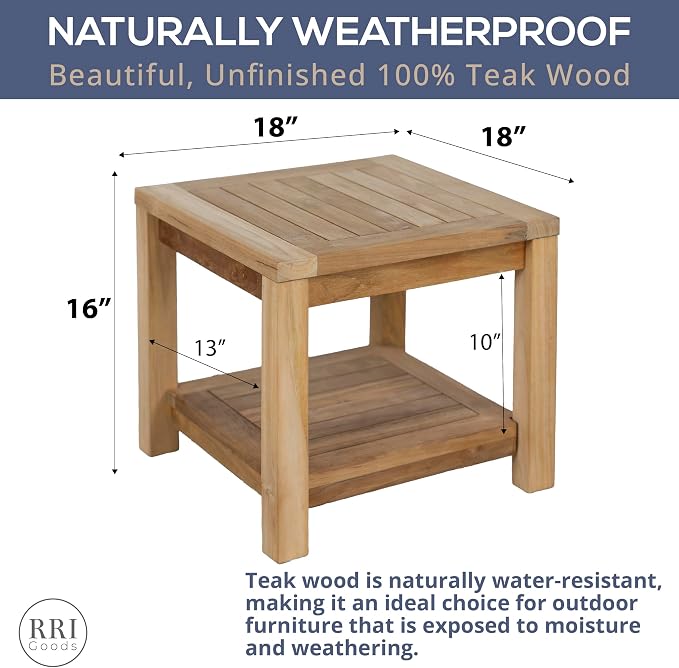 Teak Wood Side Table with Storage, Indoor and Outdoor Wooden Furniture for Deck, Porch, Balcony, Living Room, Bedroom and Backyard (18" D x 18" W x 16" H)