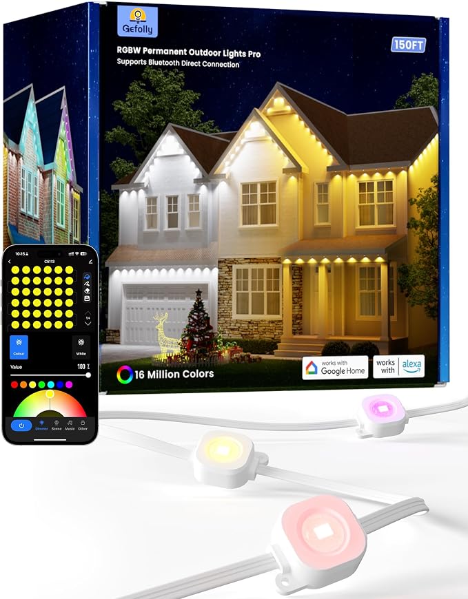 Gefolly Permanent Outdoor Lights Pro, 150ft, 90 RGBW Light, 111 Scene Modes | Double-LED for Daily, Halloween, Christmas, IP67 Waterproof for Outdoor Decor, Works with Alexa, Google Assistant, White