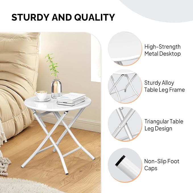VINGLI Patio Metal Folding Side Table, Portable Small Outdoor Folding Round Table, Perfect for Indoor and Outdoor Spaces Like Balconies, Backyards, Porches, and Patios.White（1 Pack）