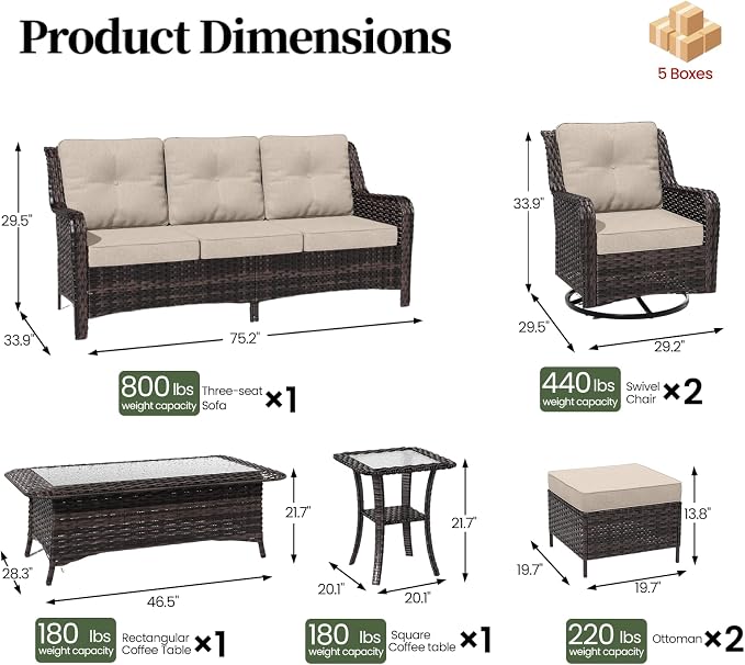 ALAULM 7 Pieces Patio Furniture Set,High Back Wicker Outdoor Sectional Furniture Set with Swivel Chairs & Coffee Table, Patio Conversation Set Thick Cushion for Backyard, Deck, Porch-Sand