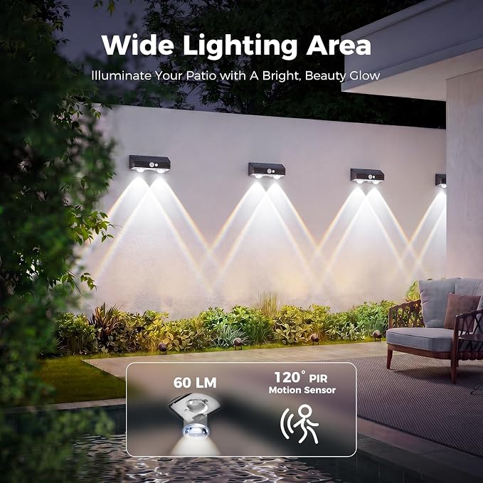 kolpop Solar Fence Lights Outdoor with Motion Sensor,Fence Lights Solar Powered,IP65 Waterproof,3 Modes LED Solar Lights for Patio,Backyard,Railing,Wall,Nighttime,Party,Pool,4 Pack,Cool White