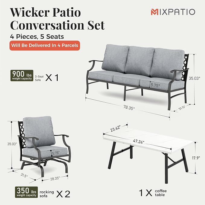 MIXPATIO Patio Furniture Set 4 pcs, Outdoor Patio Furniture, 3-Seat Sofa, 2 Rocking Chairs, Metal Coffee Table and 5.75" Extra Thick Cushion, Patio Conversation Set for Garden Backyard Deck,Grey