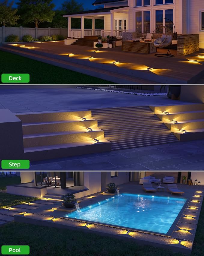 DetarZinLED Solar Step Lights, 12 LEDs 2-Sided Glow, IP68 4 Pack Warm White | IP68 Waterproof, Solar Powered, Auto ON/OFF, Stick on, Sturdy Polycarbonate Shell, for Outdoor Dock, Deck, Flat, Stair, Porch