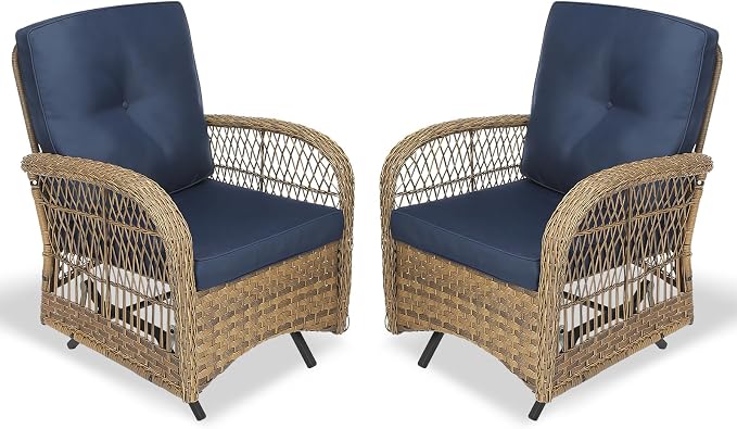 VIVIJASON 2-Piece Outdoor Wicker Glider Rocking Chair, Patio Rattan Swing Glider Chairs with Cushions & Steel Frame, All-Weather Gliding Lawn Wicker Furniture for Garden Backyard Porch, Navy Blue