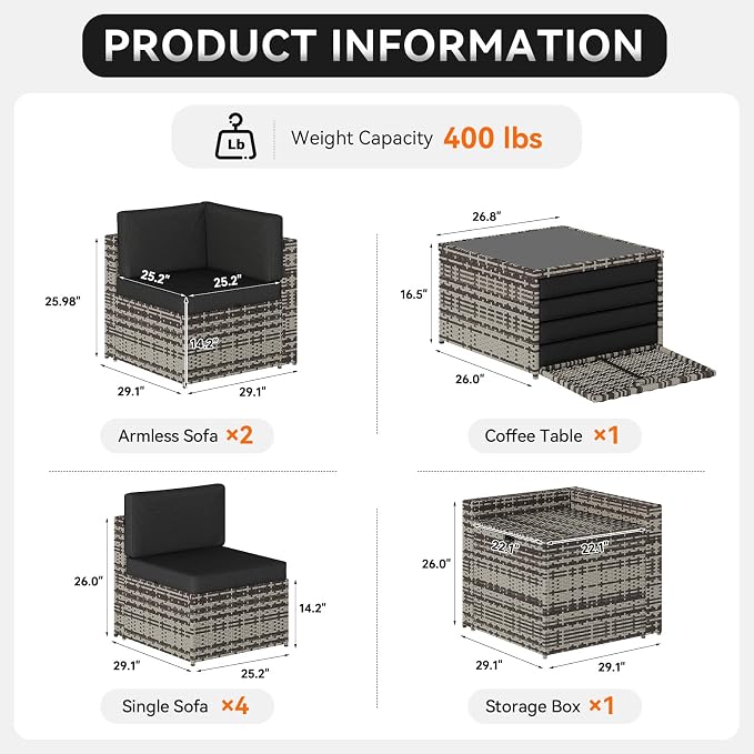 Aoxun 8-Piece Patio Furniture Set, Wicker Outdoor Sectional Sofa with Large Storage Table & Waterproof Cover, Patio Conversation Set for Backyard and Garden (Grey/Black)