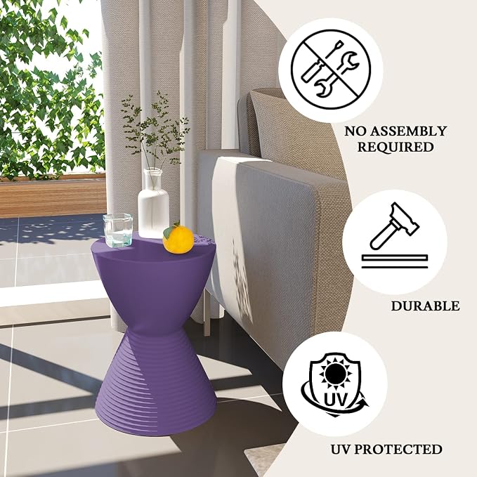 LeisureMod Modern Hourglass Purple Side Table - ABS Shell Drum End Table with Storage for Indoor & Outdoor Use