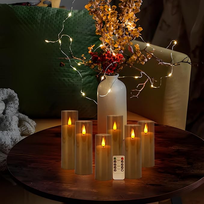 YOROXRG Halloween Decoration Flickering Flameless Candles Battery Operated Timer Led Pillar Candles with Realistic Moving Wick Candles for Home Decor 24 Pack (D2.2 xH 5" 6" 7")(Grey)
