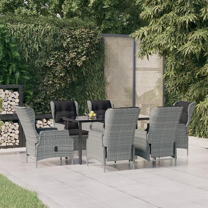 7 Piece Patio Dining Set with Light Gray Poly Rattan, Tempered Glass Table, and Adjustable Chairs for Garden