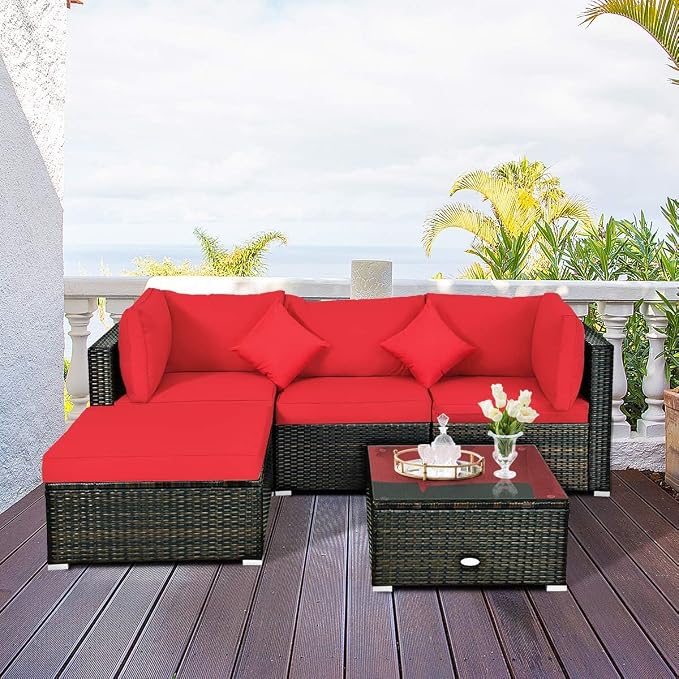 HAPPYGRILL 5 Pieces Patio Conversation Set, Outdoor Rattan Wicker Furniture Set, Sectional Sofa Ottoman Set with Coffee Table, Cushion, Pillow for Garden Lawn Balcony Backyard