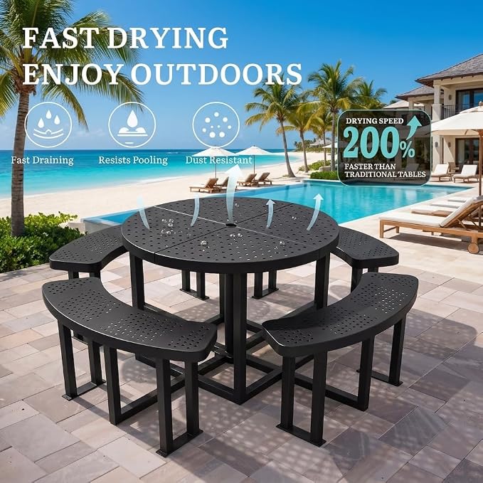 DWVO 38" Round Metal Picnic Table with Umbrella Hole - Heavy Duty Q235 Carbon Steel Outdoor Table Set for Patio, Backyard, and Lawn - Industrial Steel Construction
