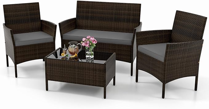 KOTEK 4 Piece Patio Furniture Set, Outdoor Rattan Conversation Set with Loveseat, Wicker Chairs, Tempered Glass Coffee Table, Wicker Patio Set for Backyard, Porch (Grey)