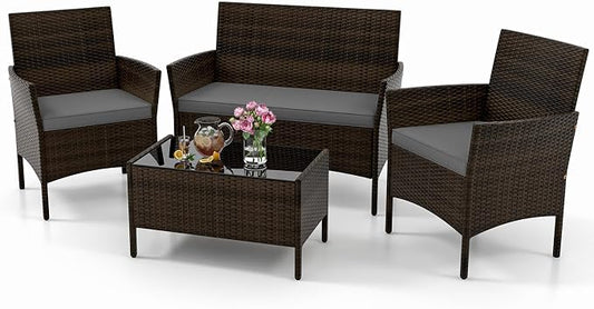 KOTEK 4 Piece Patio Furniture Set, Outdoor Rattan Conversation Set with Loveseat, Wicker Chairs, Tempered Glass Coffee Table, Wicker Patio Set for Backyard, Porch (Grey)