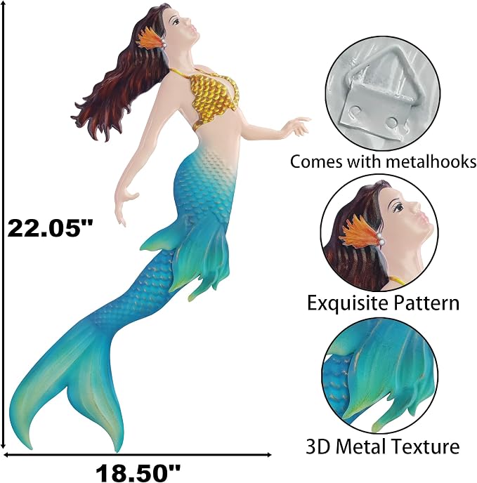 John's Studio Metal Mermaid Sea Wall Decor Outdoor Garden Hanging Art Sculptures Home Ocean Theme Decorations for Kitchen Bathroom and Pool - 14.9Inches