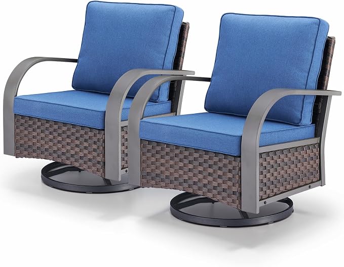 Outdoor Swivel Rocker Patio Chairs Set of 2, Heavy Duty Swivel Rocking Patio Chairs with Wide Metal Armrests, 2 Pieces Patio Furniture Wicker Glider Chairs Set with Removble Cushions for Porch Sunroom