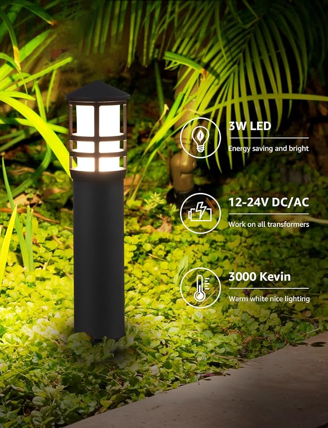 SUNVIE 12-Pack Low Voltage Landscape Pathway Lights 3W Outdoor Landscape Lighting 3000K 12-24V LED Bollard Path Lights Wired CRI 90+ Aluminum Pathway Lighting for Walkway Yard Garden, ETL Listed Cord | IP65 Waterproof, 3000K Warm White, 12-24V AC/DC, A...