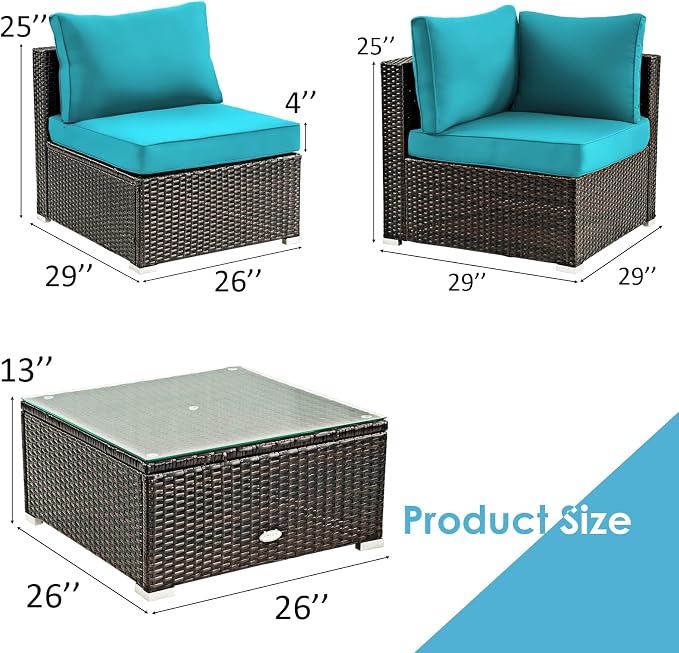 Tangkula 5 Pieces Patio Furniture Set, All Weather Wicker L-Shaped Corner Sofa Set w/Soft Cushions, Outdoor Sectional Conversation Couch Set w/Glass Table for Backyard Garden Poolside (Turquoise)