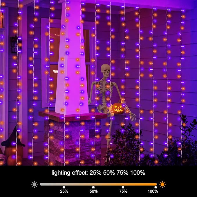 echosari Halloween Curtain Lights Battery Operated 300 LED Purple Orange | 9.8Ft x 9.8Ft Hanging Lights with Remote Timer for Party Garden Yard Decor