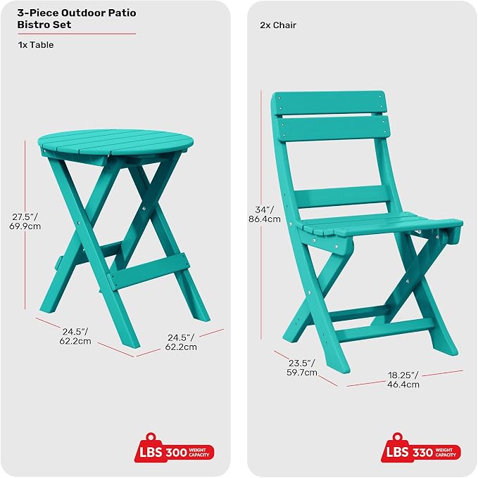 Costaelm Outdoor Bistro Table and Chairs Set of 2, Round Portable Folding Bar Height Barstool Set of 3, Tall Balcony Pub High Top Table 3 piece Patio Set for Deck, Backyard, Garden, Turquoise