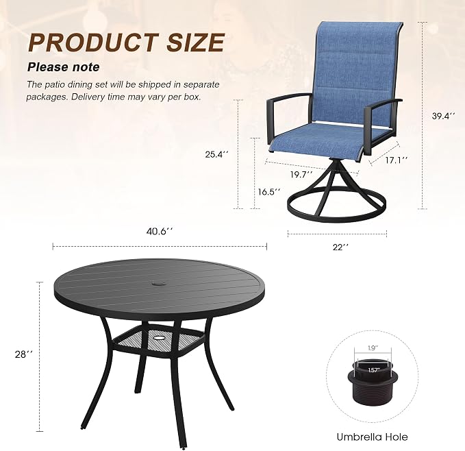 VICLLAX 5 Pieces Outdoor Dining Set, Patio Furniture Set Includes 40.6" Round Metal Table W/ 1.9" Umbrella Hole and 4 Padded Textilene Swivel Chairs for Porch, Lawn, Garden, Backyard