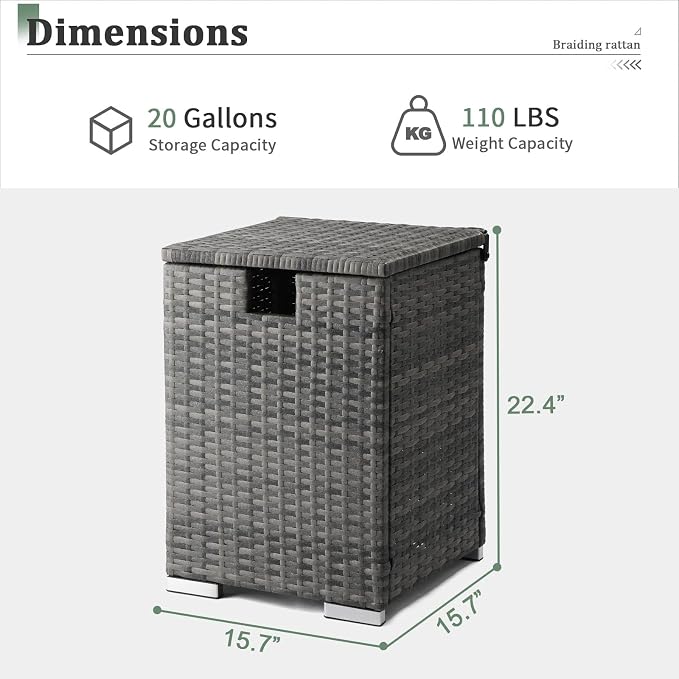 22.4in Outdoor Rattan Side Tables,Iron Frame Gas Bottle Storage Bin,Waterproof Patio Coffee Side Tables,All-Weather PE Wicker End Table,with Lid,for Garden Porch Poolside Deck Backyard (Gray)